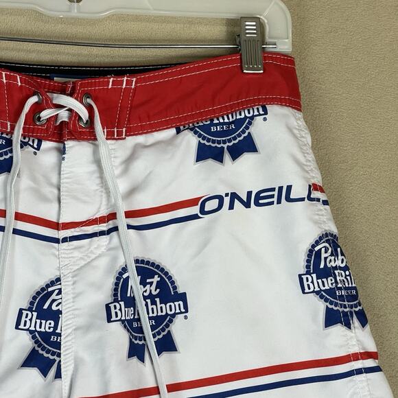 O'neill x Pabst Blue Ribbon Swim Trunk Mens 29‎ White Drawstring Waist Pockets - Picture 2 of 15